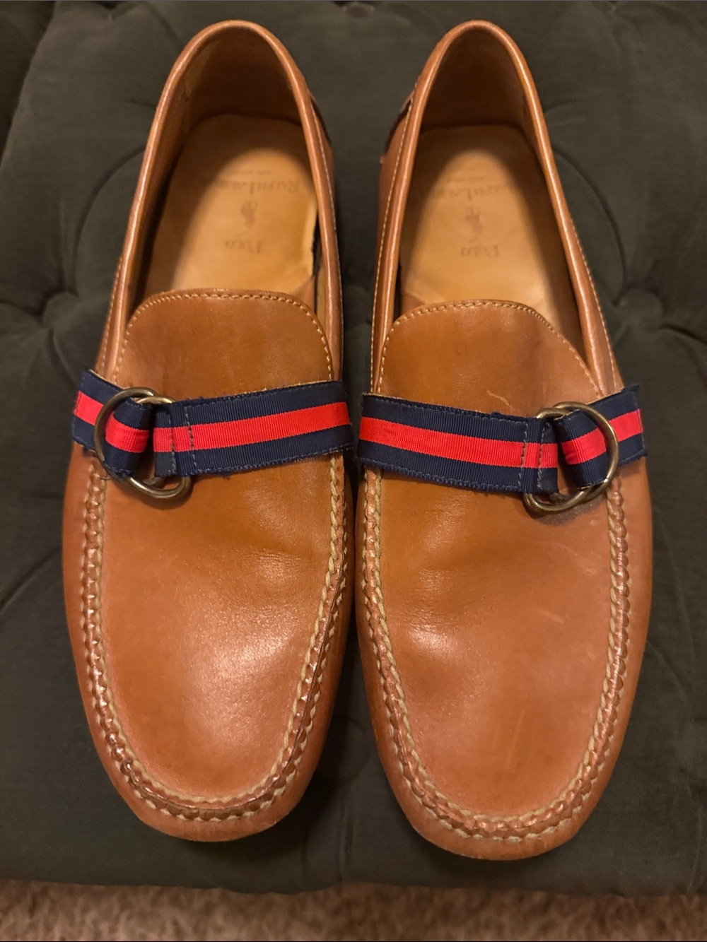 Polo by Ralph Lauren Tan Leather Loafers with Navy & Red Webbing